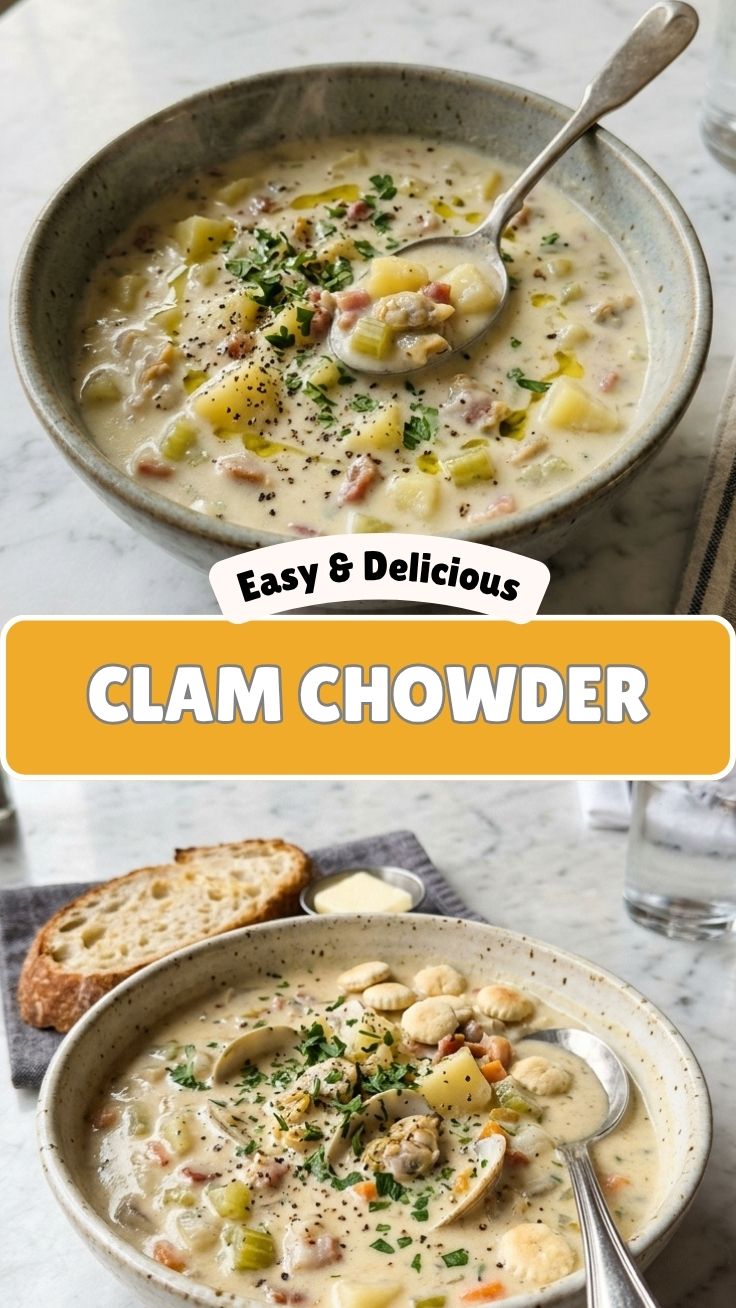 A steaming bowl of savory clam chowder garnished with fresh herbs.