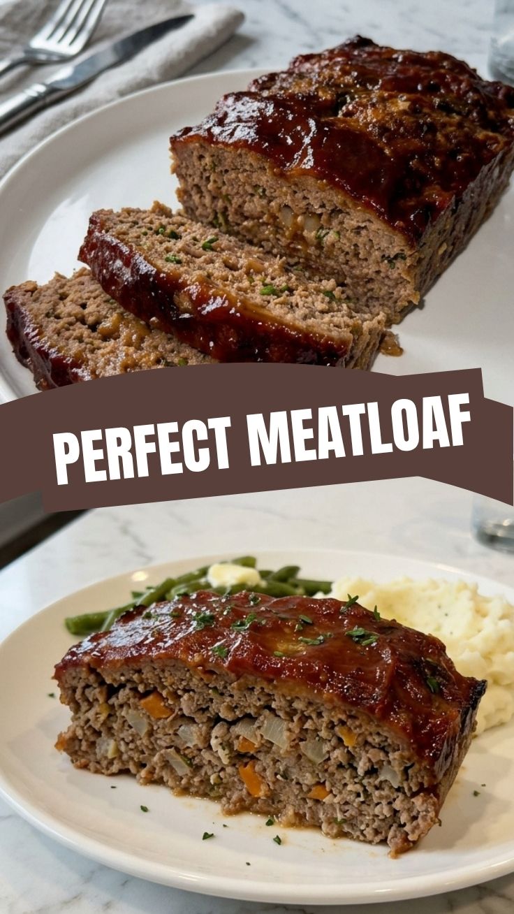 A freshly baked meatloaf, still warm from the oven, with a glistening glaze.