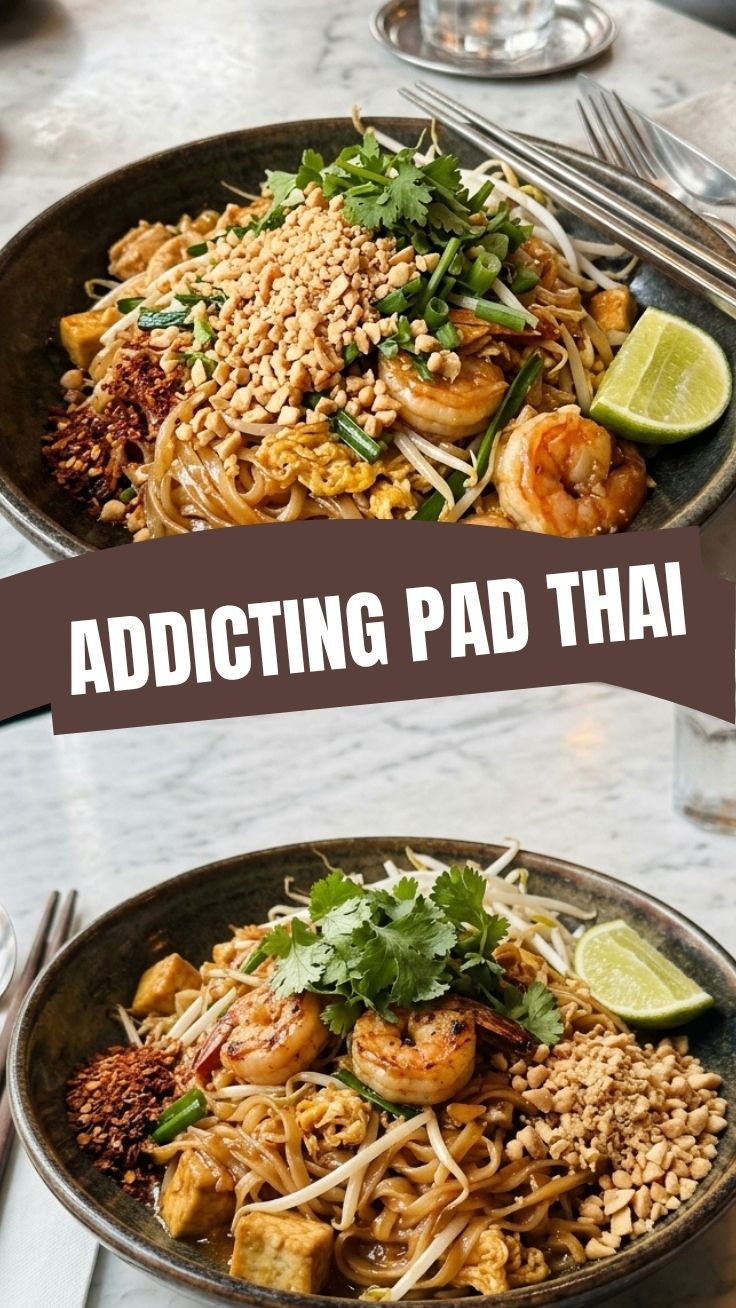 A vibrant plate of Pad Thai with a lime wedge and crushed peanuts.