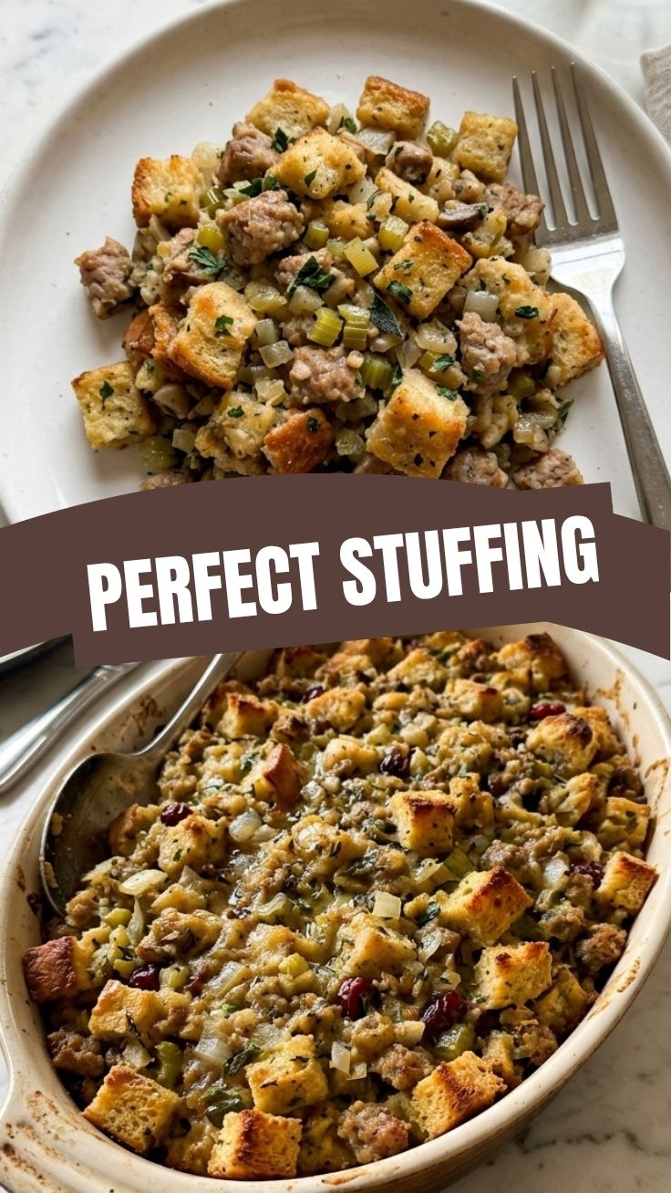 A golden-brown baked stuffing in a casserole dish, fresh out of the oven.