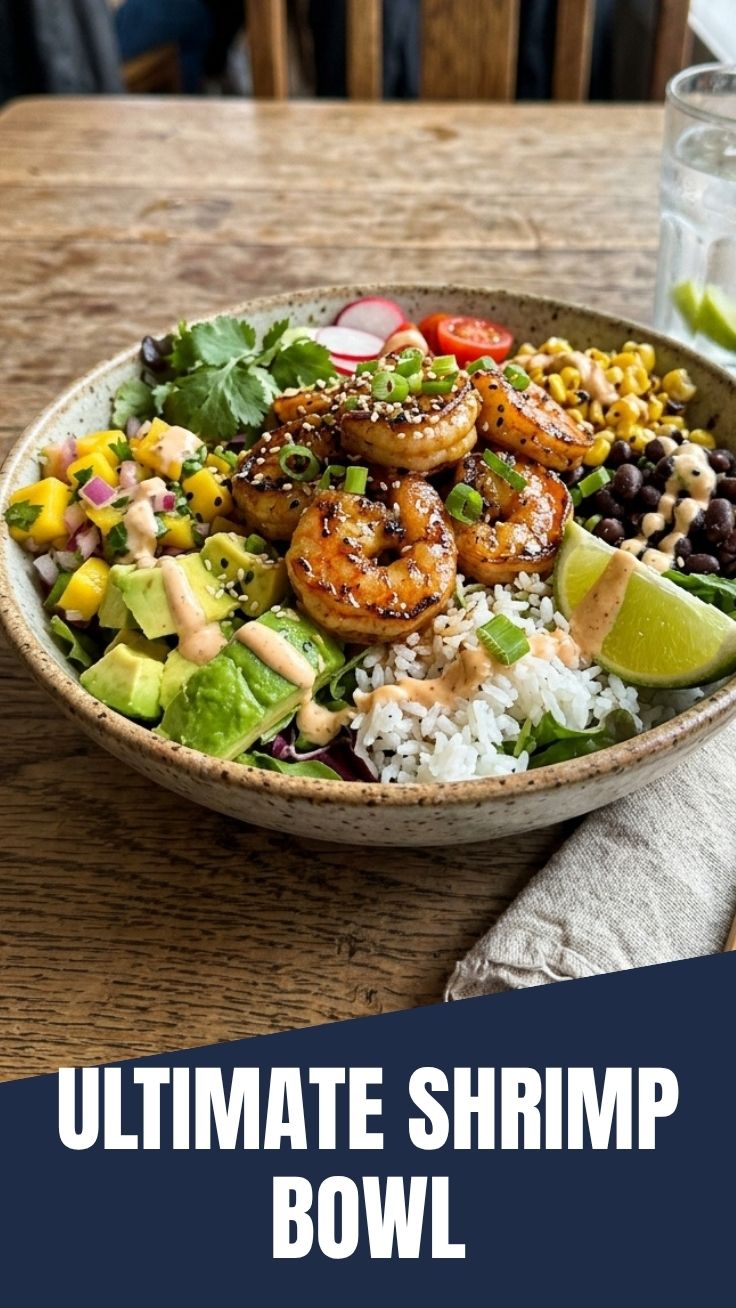 A colorful shrimp bowl filled with fresh ingredients and vibrant sauces.