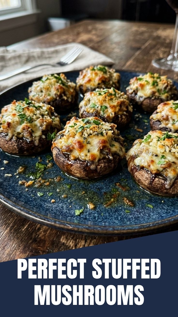 A platter of freshly baked stuffed mushrooms, glistening with herbs.