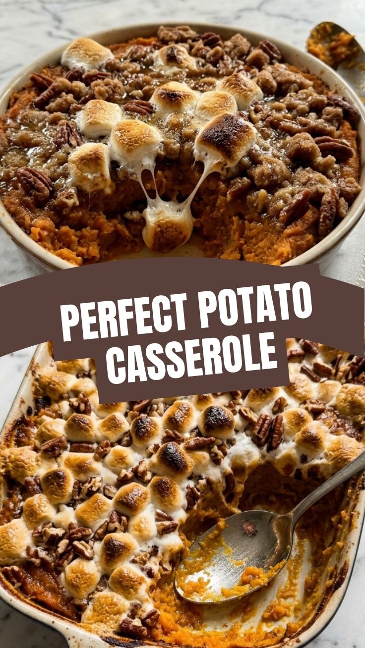 A bubbling sweet potato casserole with a golden, toasted marshmallow topping