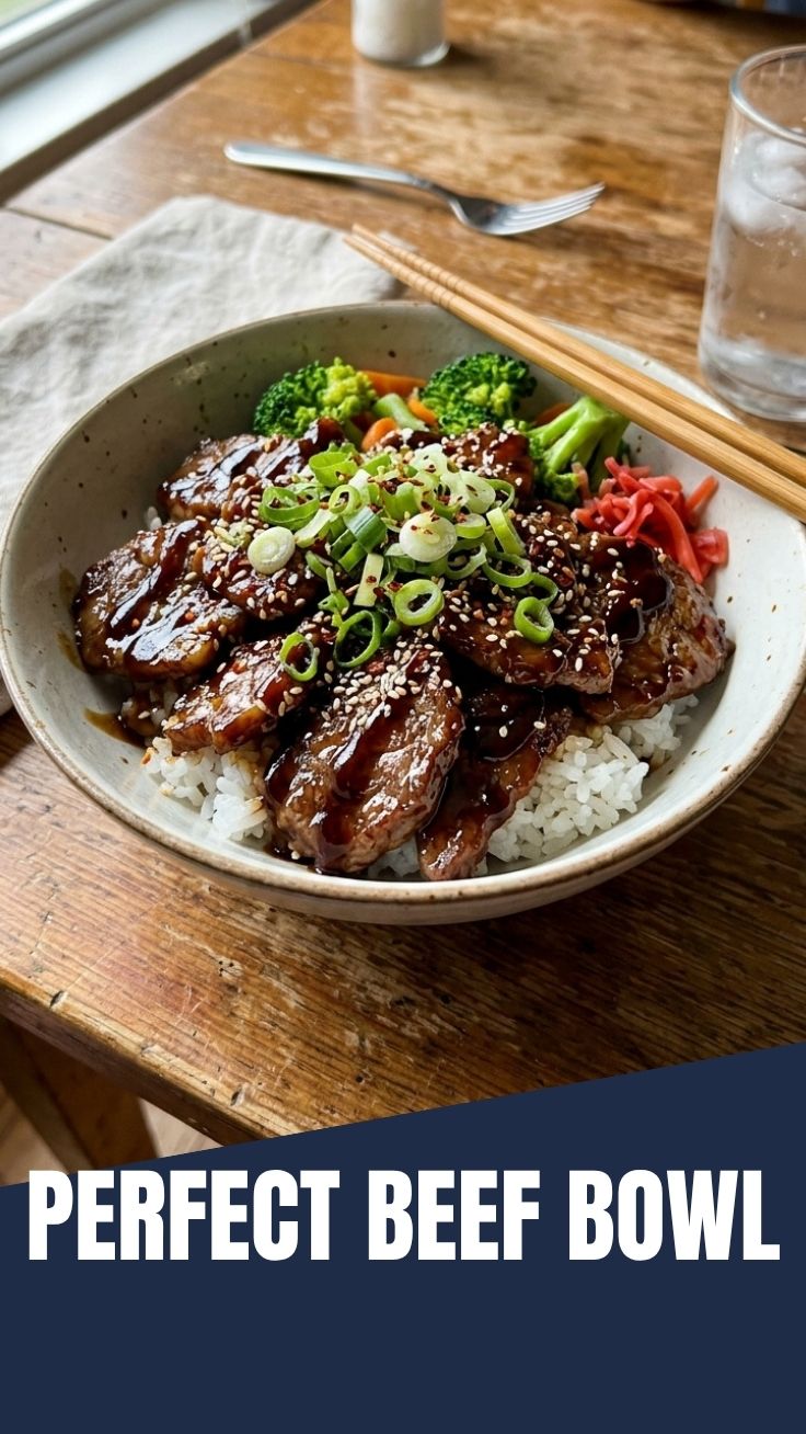 A delicious teriyaki beef bowl garnished with sesame seeds and green onions.