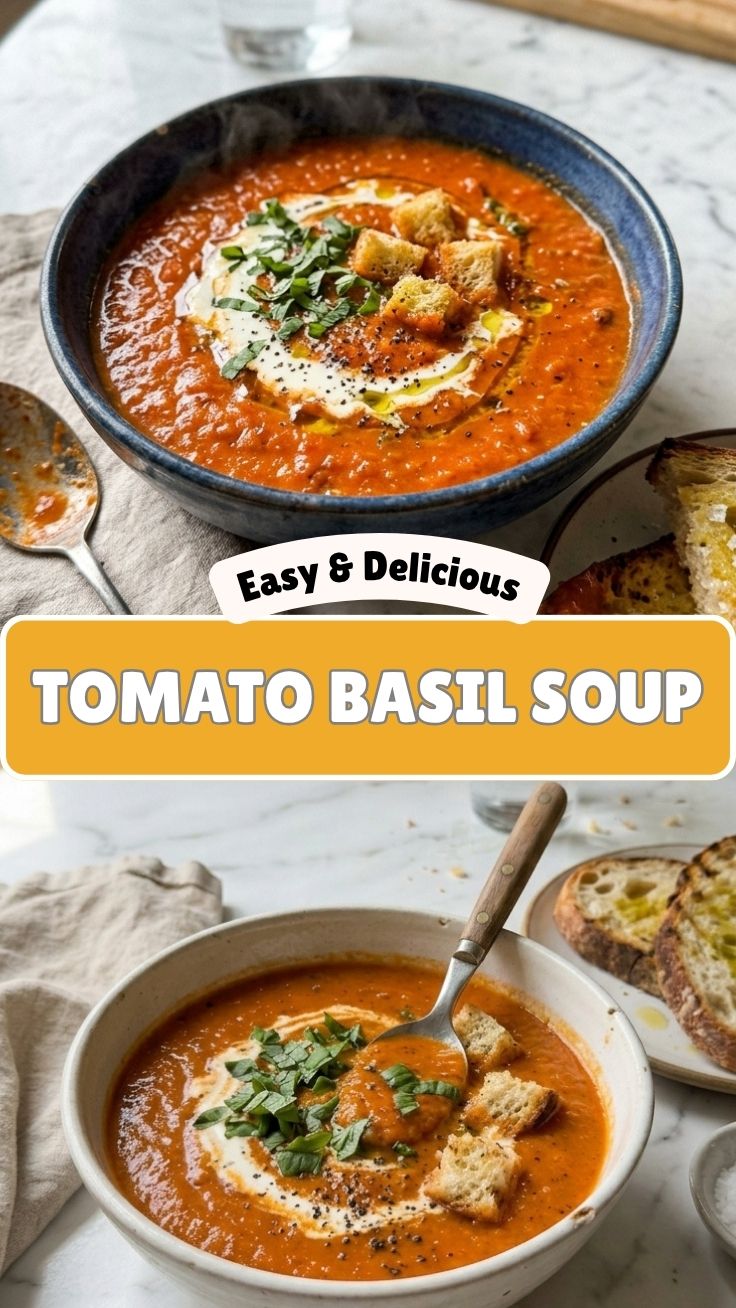A bowl of rich red tomato basil soup garnished with fresh basil leaves