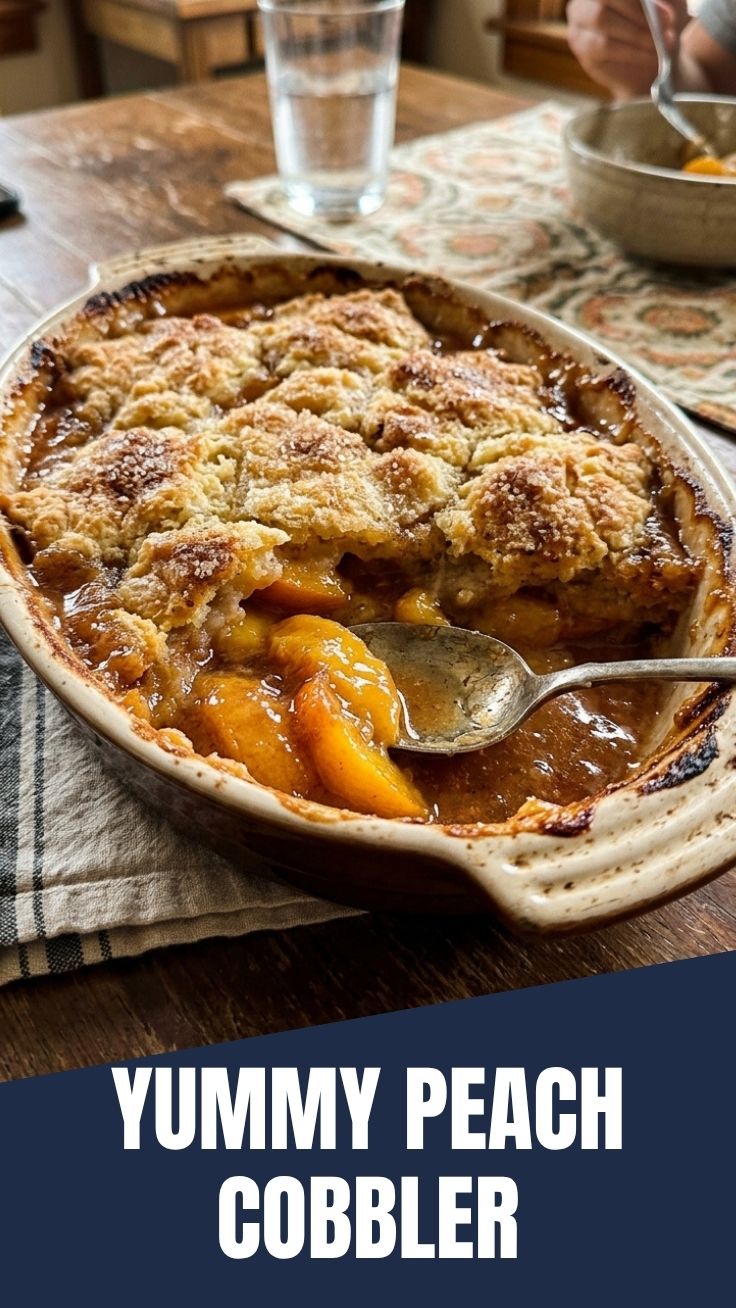A hot, bubbly peach cobbler in a baking dish, fresh from the oven, with a golden crust.