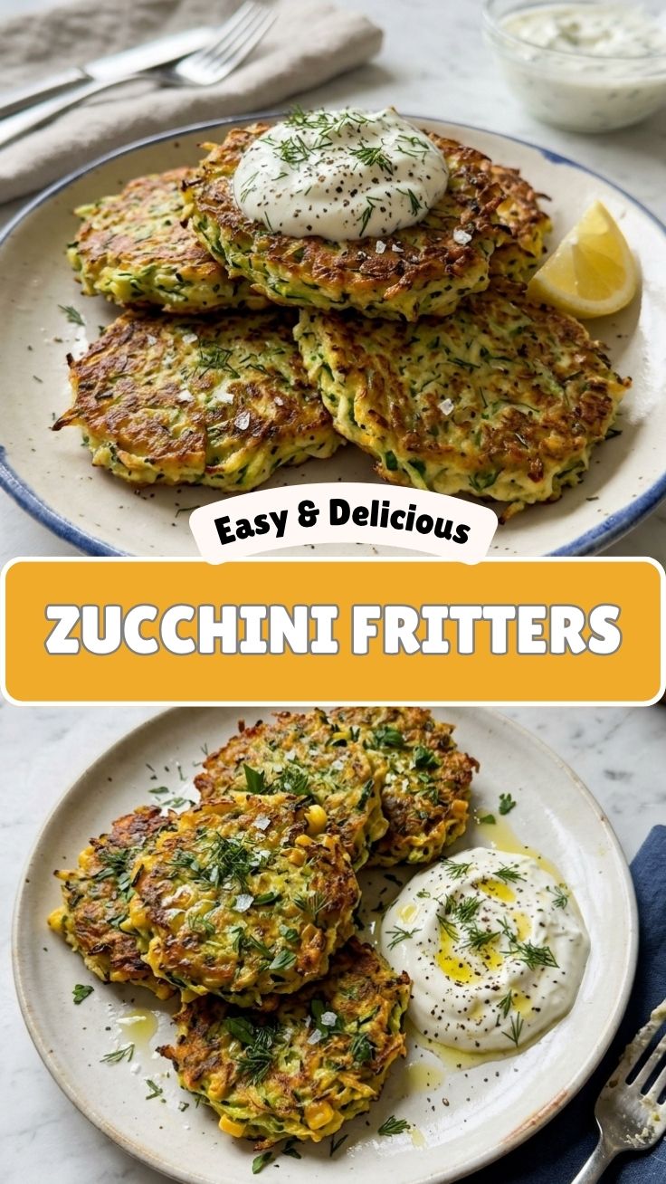 A plate of golden-brown zucchini fritters, perfectly cooked.