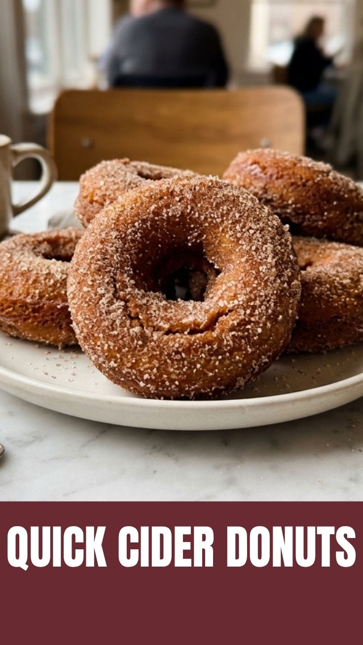 A platter of freshly made apple cider donuts, dusted with cinnamon sugar.