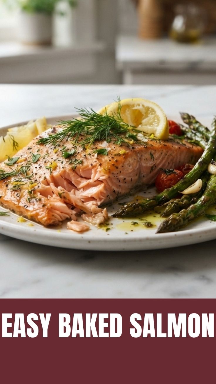 A perfectly baked salmon fillet with crispy skin