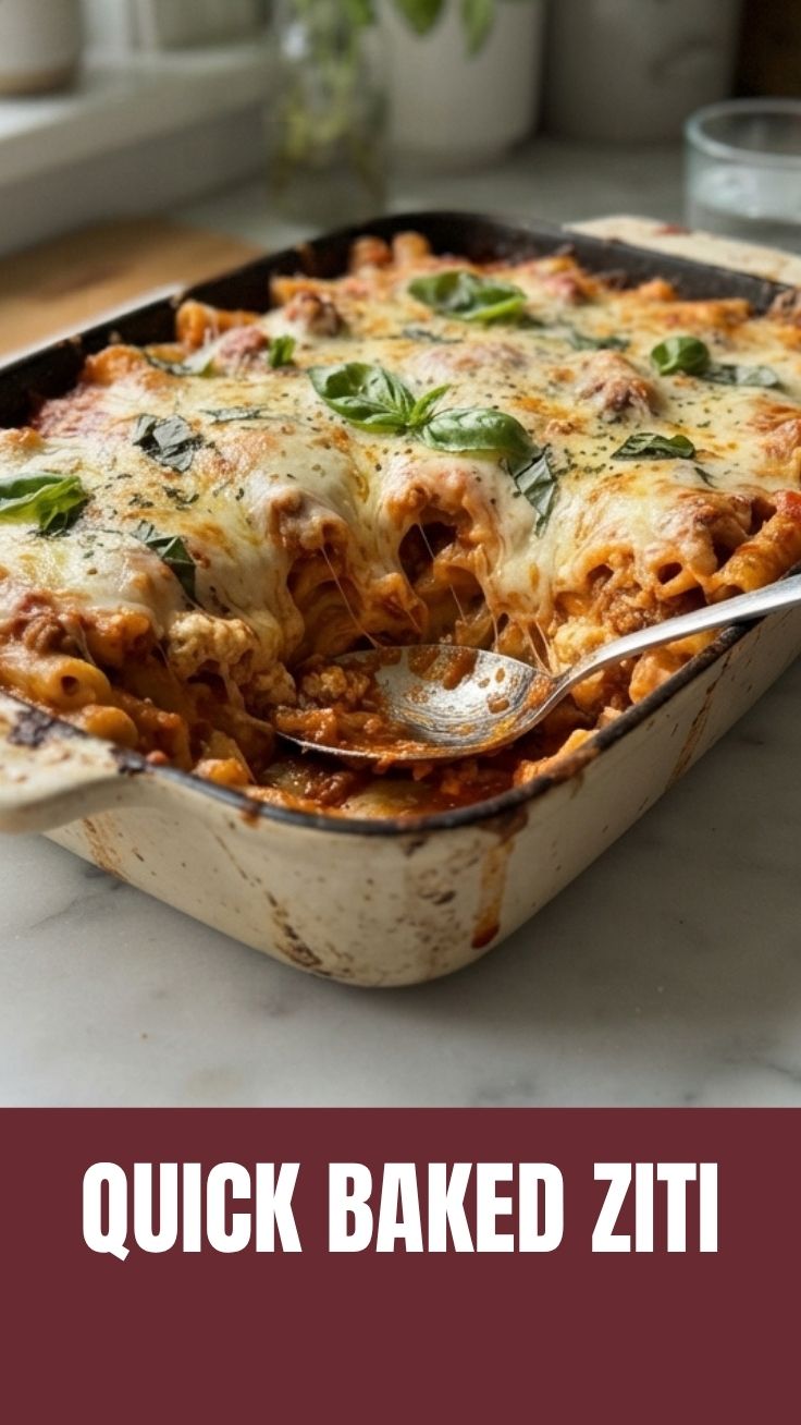 A delicious tray of baked ziti with melted cheese and rich tomato sauce.