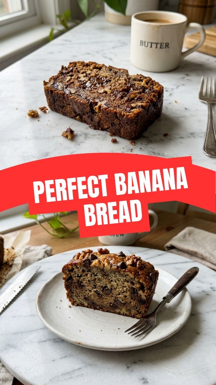 Freshly baked banana bread loaf on a cooling rack.