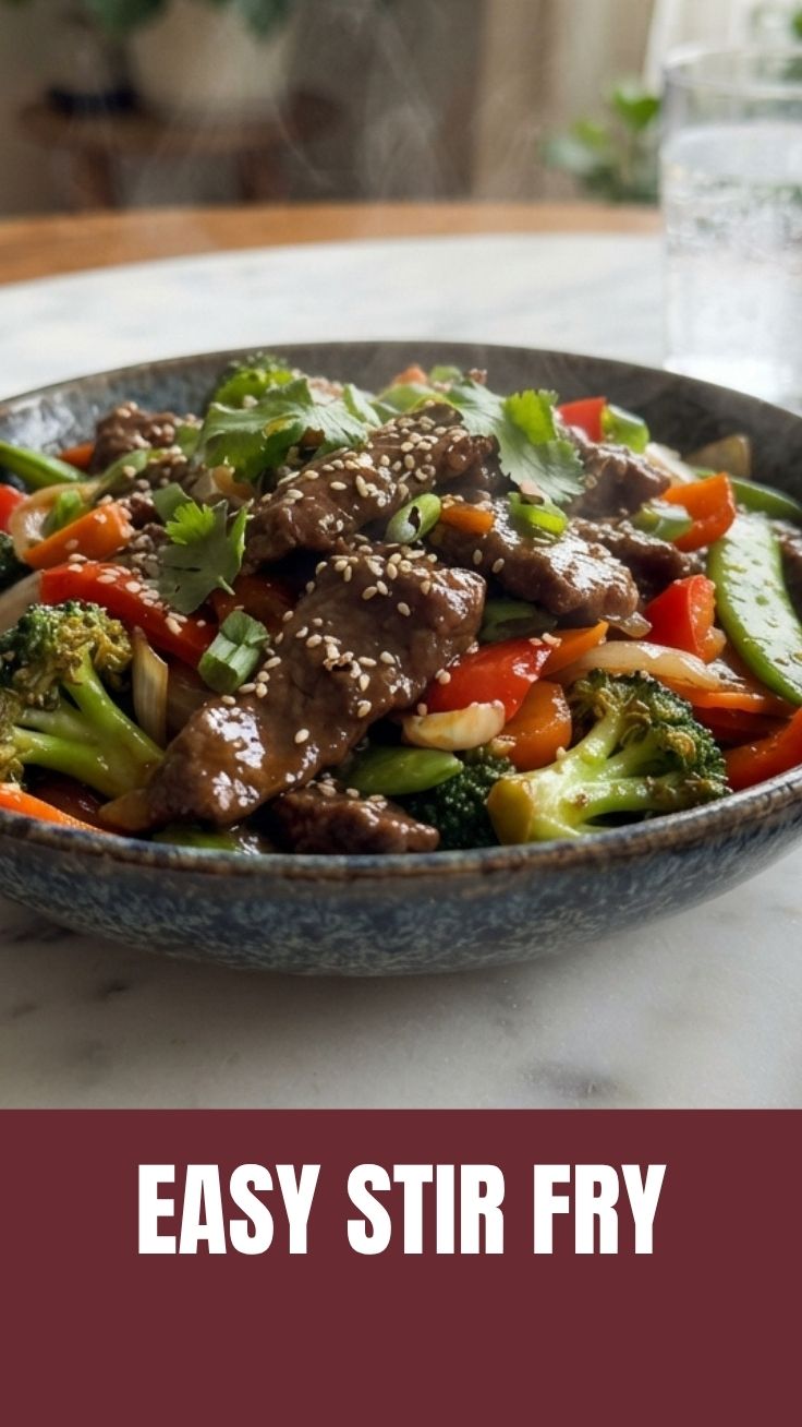 A vibrant beef stir fry with colorful vegetables in a wok