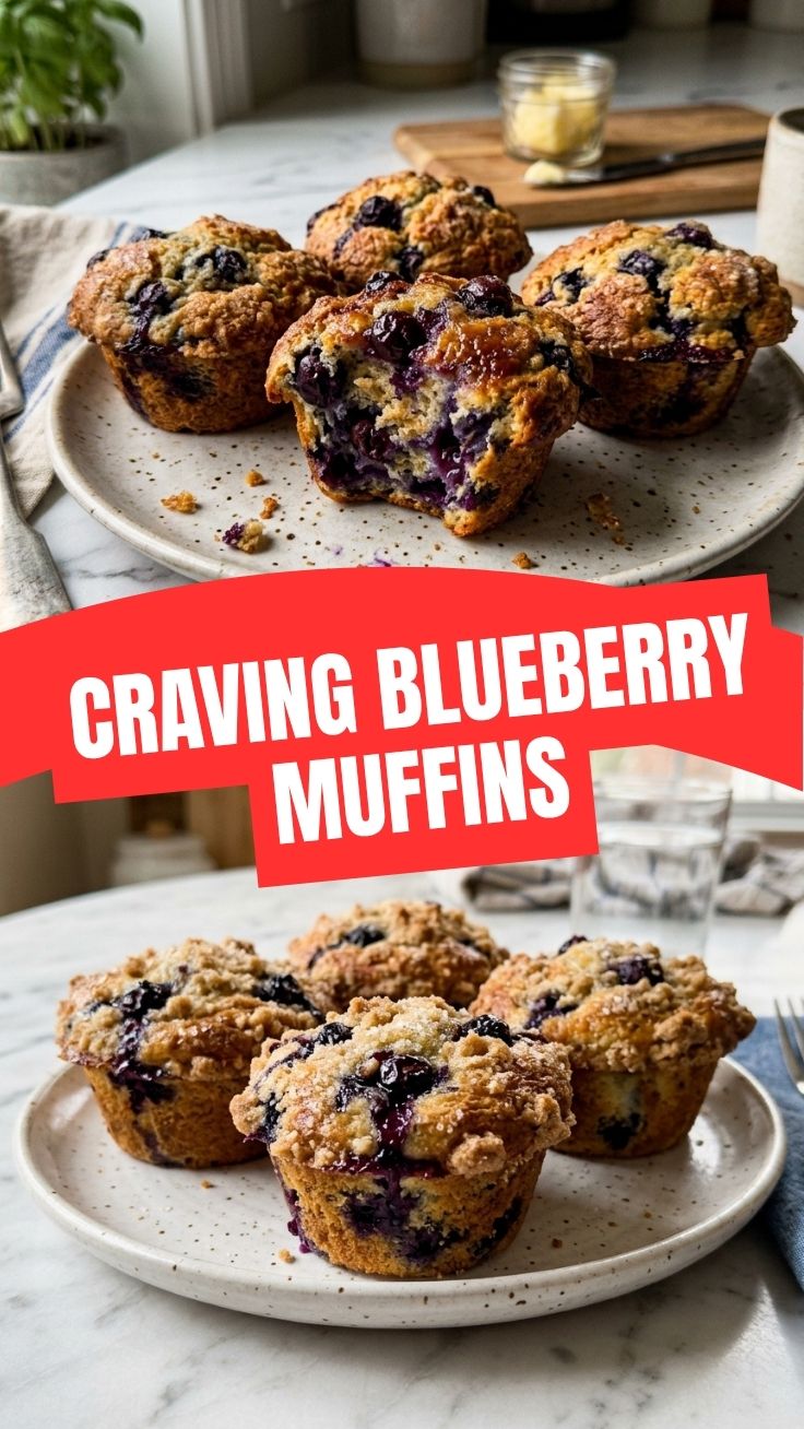 Freshly baked blueberry muffins with golden tops on a cooling rack.