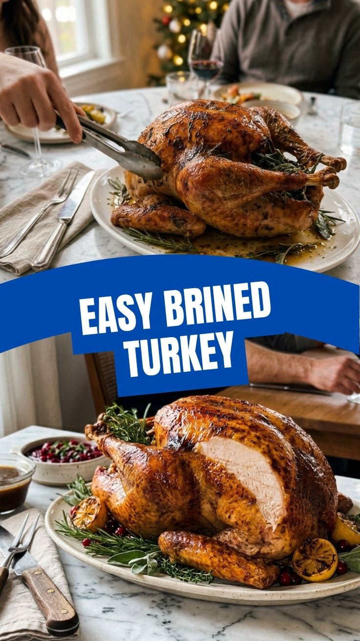 A perfectly cooked whole brined turkey, golden brown and ready to serve.