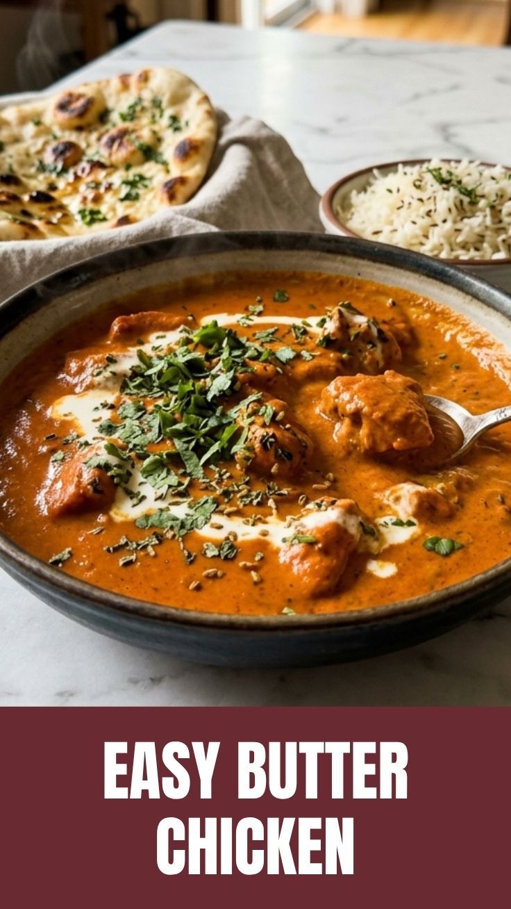 A bowl of rich and creamy butter chicken, garnished with fresh cilantro.