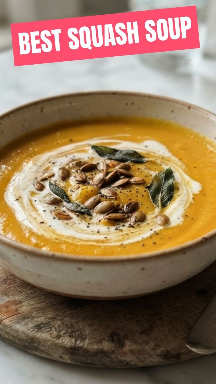 A steaming bowl of butternut squash soup garnished with fresh herbs.