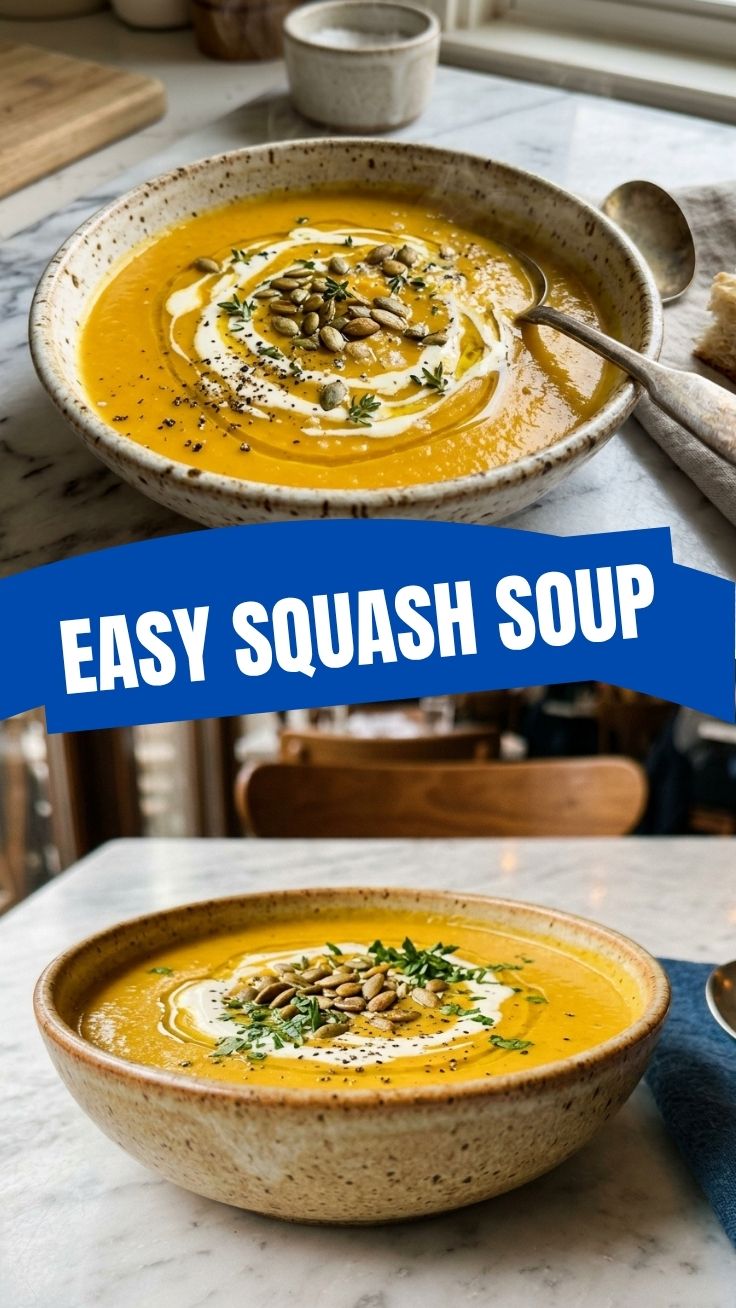 A bowl of rich butternut squash soup, garnished with herbs.