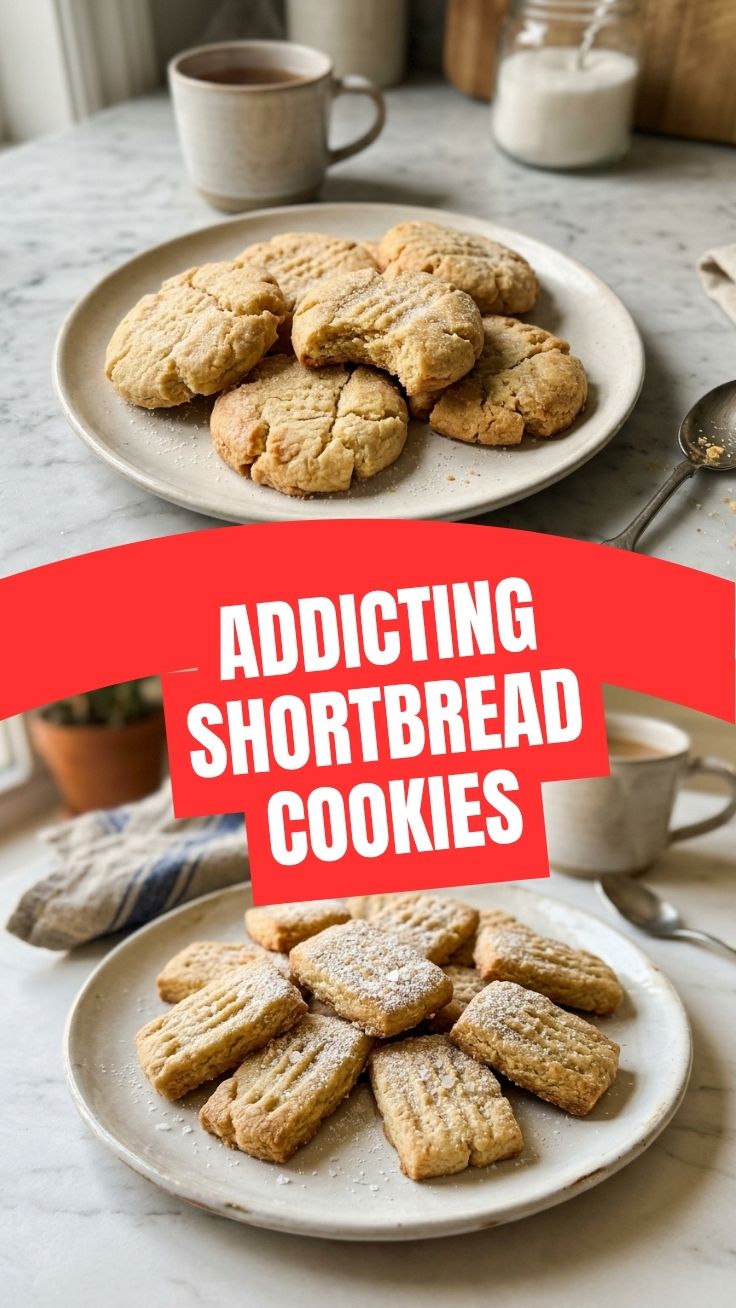 A stack of golden brown shortbread cookies on a cooling rack.