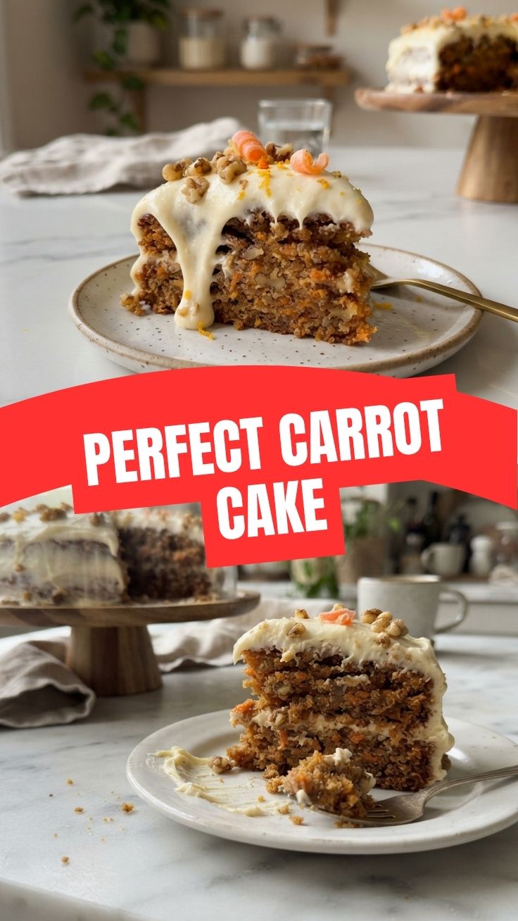 A slice of moist carrot cake with cream cheese frosting on a white plate.