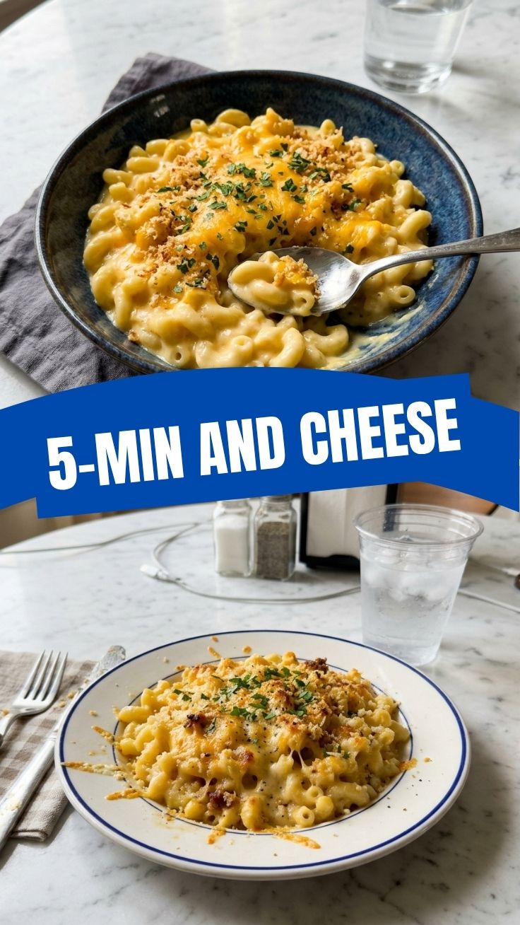 A close-up of golden, baked mac and cheese with a crispy topping