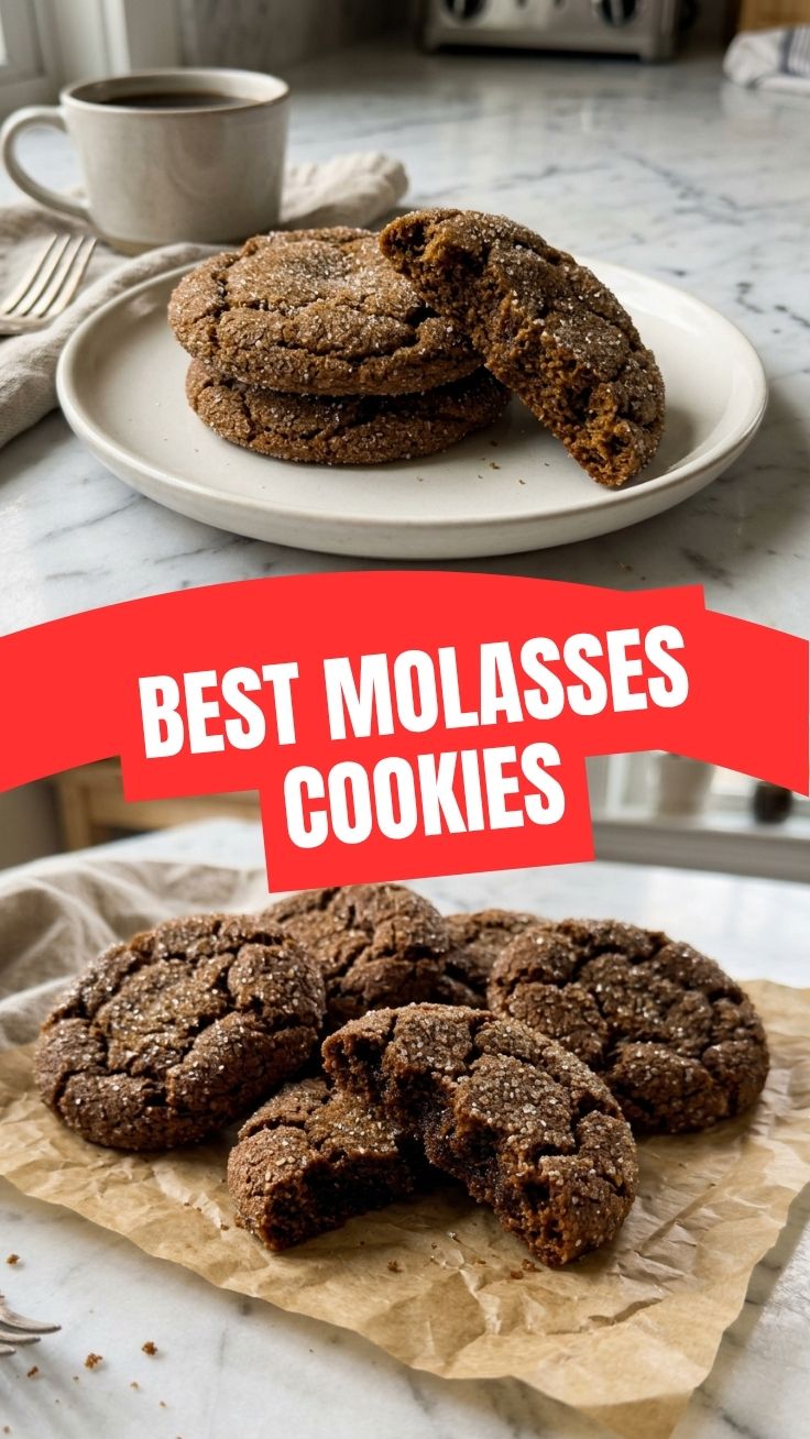 A plate of freshly baked chewy molasses cookies, lightly dusted with sugar.