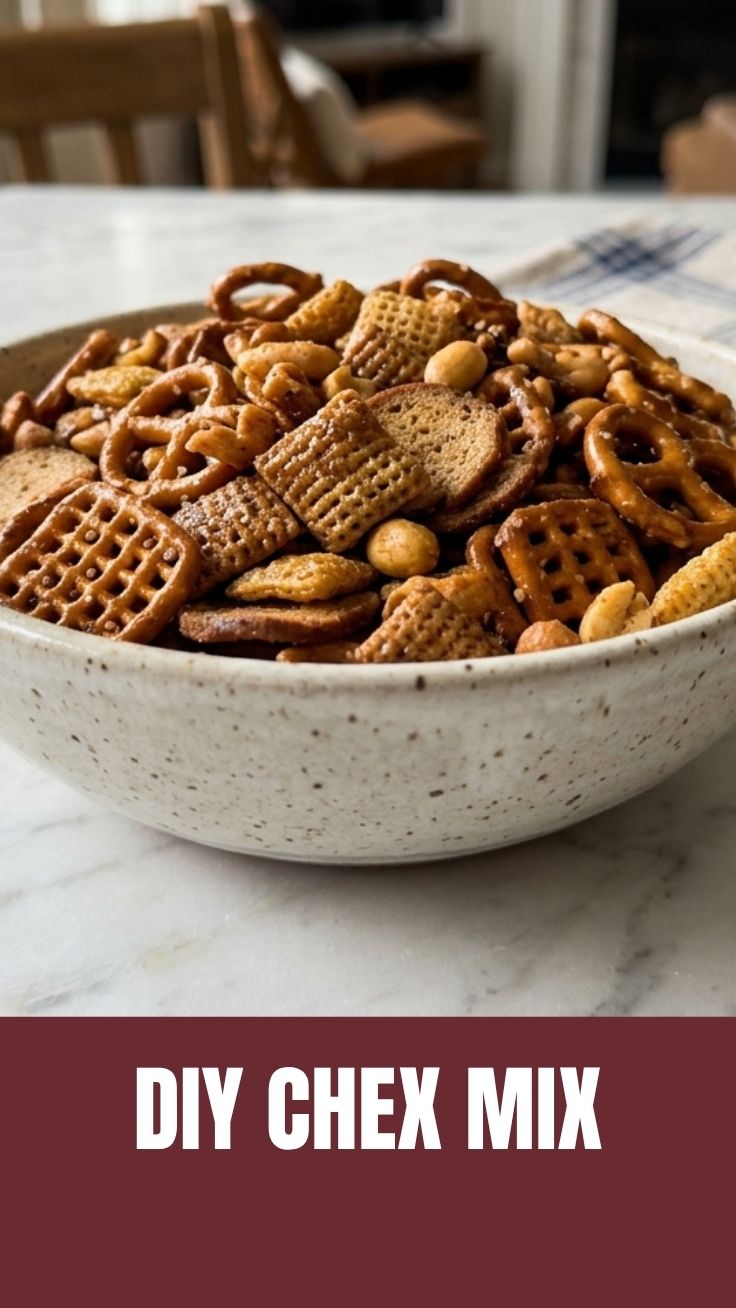 A bowl of homemade Chex Mix with various cereals, nuts, and pretzels.