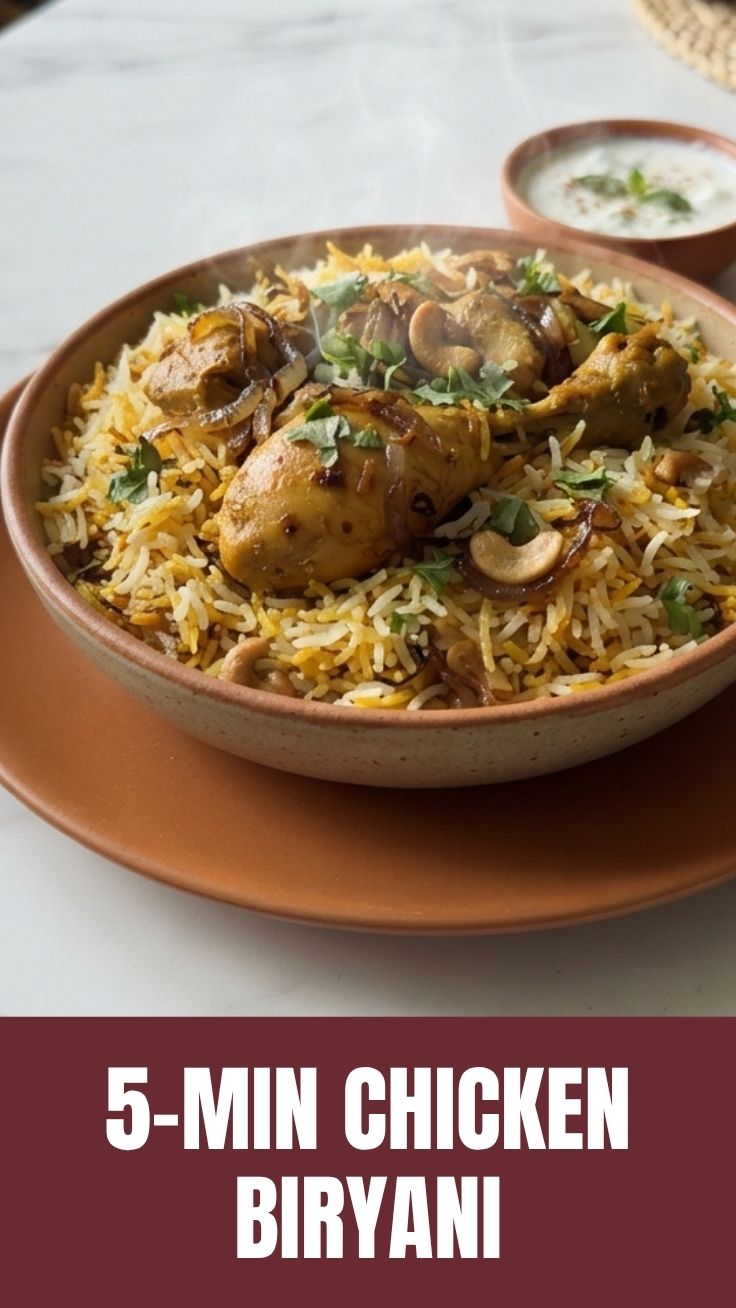 A plate featuring a generous serving of Chicken Biryani, garnished with fresh cilantro
