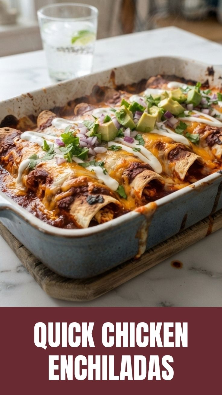A baking dish filled with cheesy chicken enchiladas, fresh from the oven.