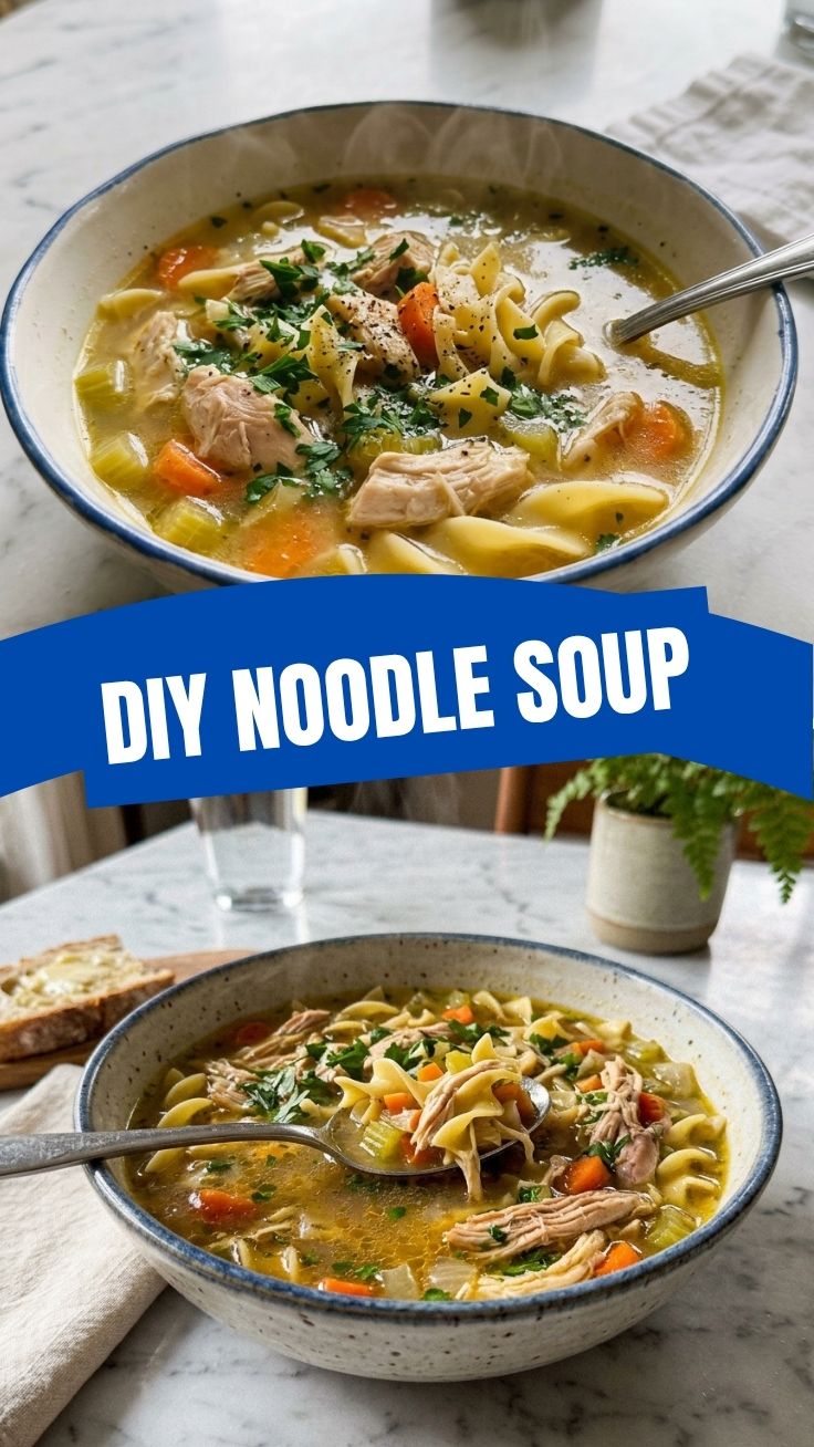 A steaming bowl of chicken noodle soup with broth, chicken, and vegetables