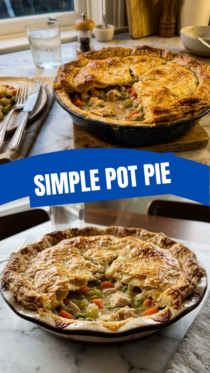 A golden-crusted chicken pot pie fresh from the oven, showcasing its flaky pastry.