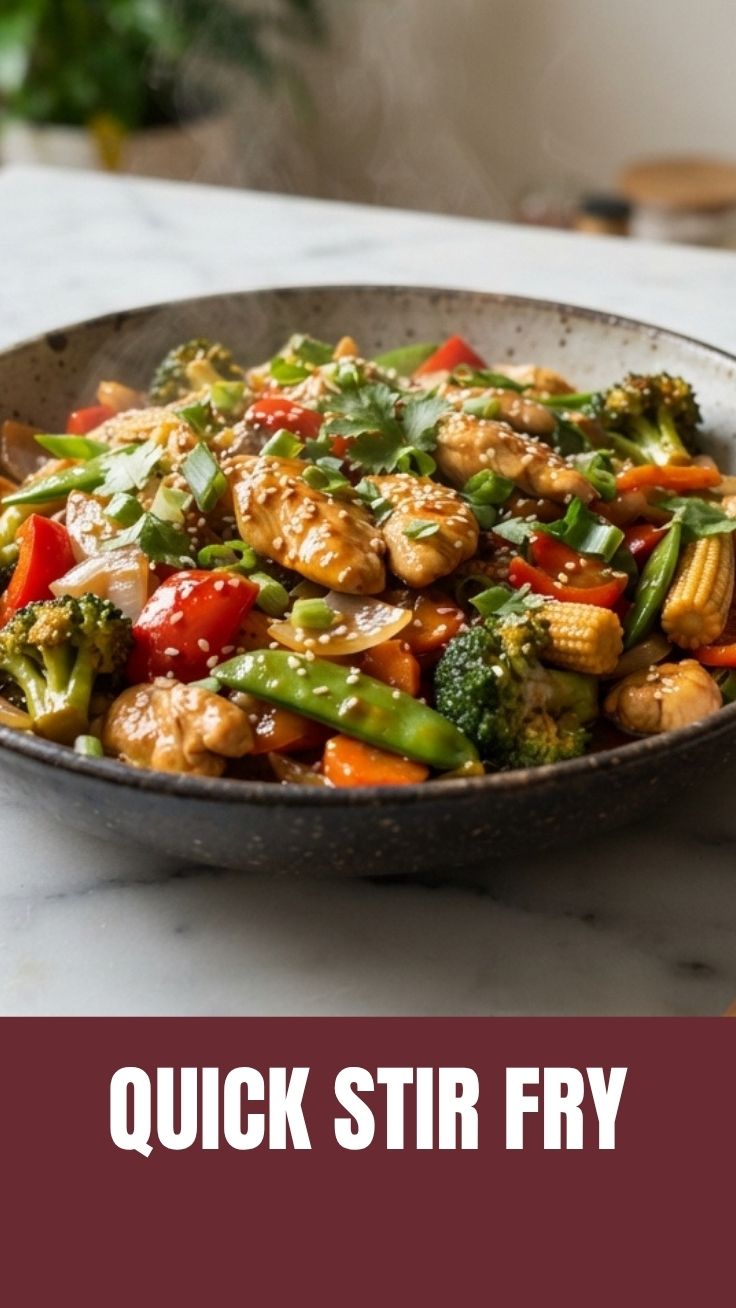 A vibrant chicken stir fry with colorful vegetables in a pan.