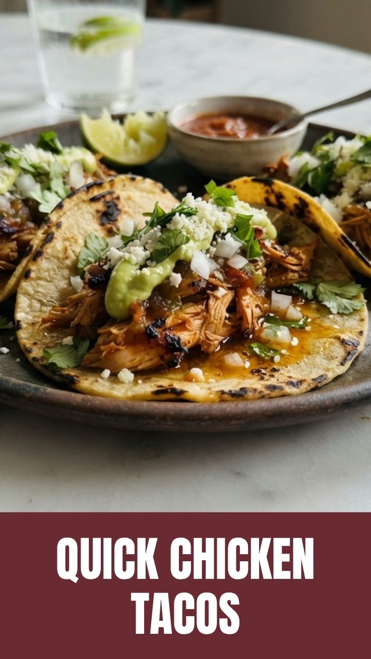 Three chicken tacos with various toppings arranged on a plate.