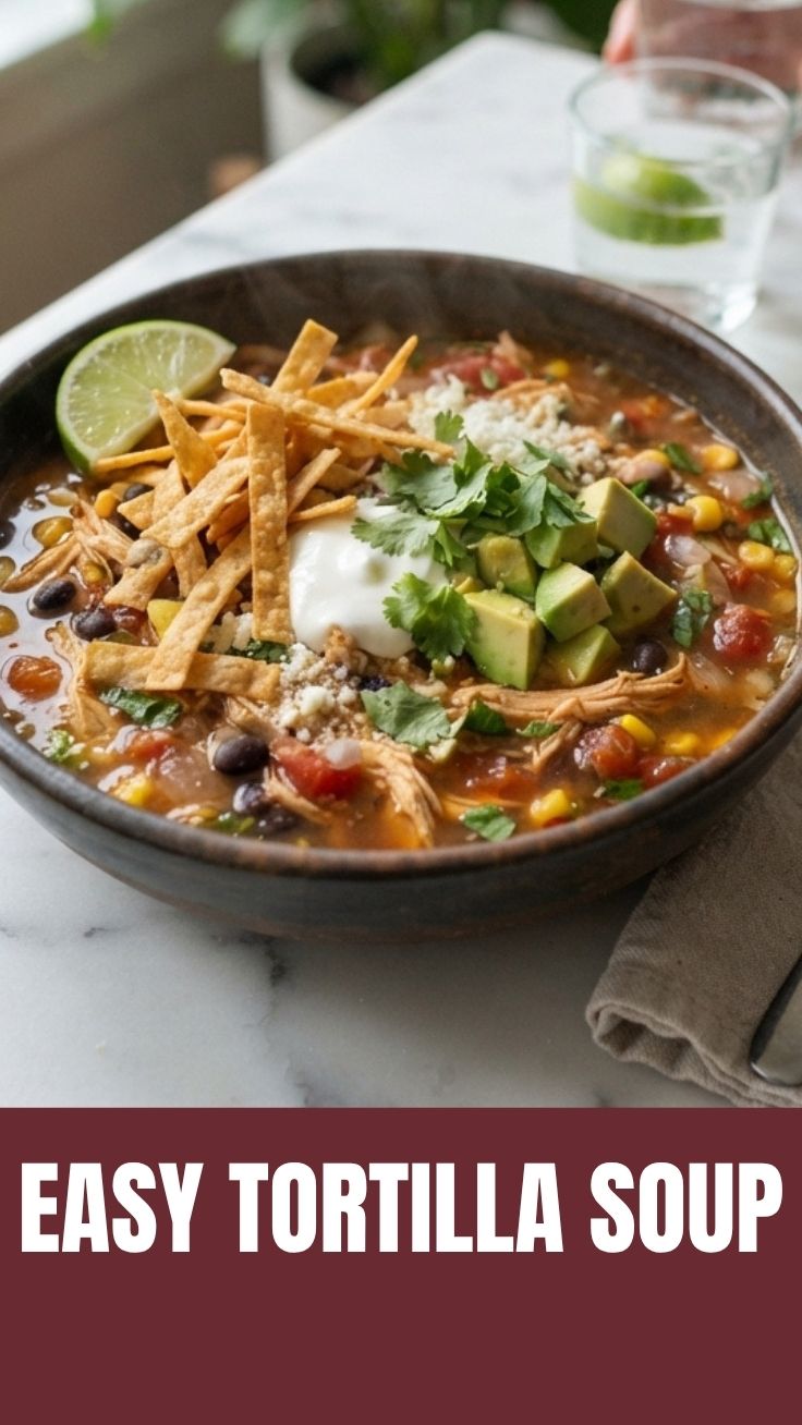 A steaming bowl of chicken tortilla soup garnished with avocado and cilantro.