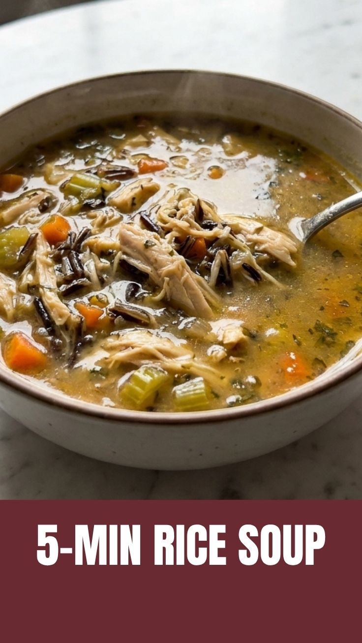 A steaming bowl of chicken wild rice soup garnished with fresh herbs.