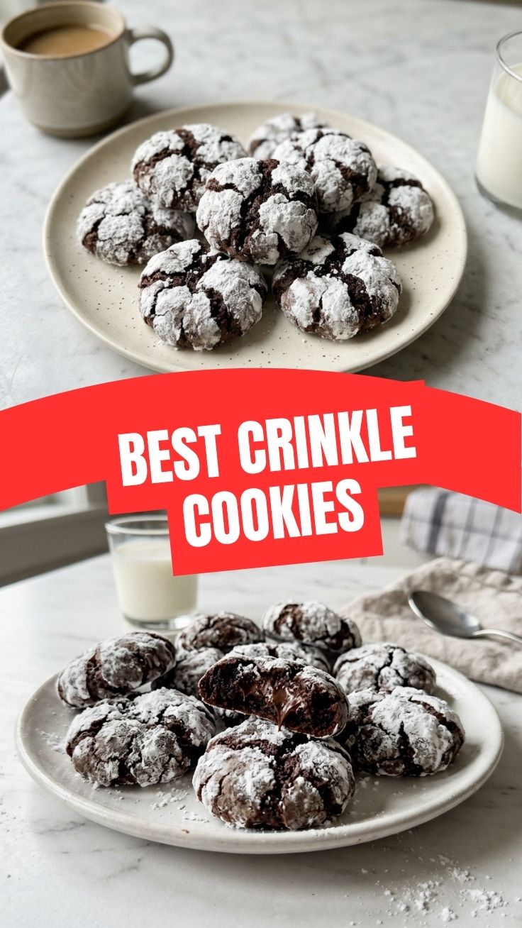 A plate of freshly baked chocolate crinkle cookies dusted with powdered sugar.