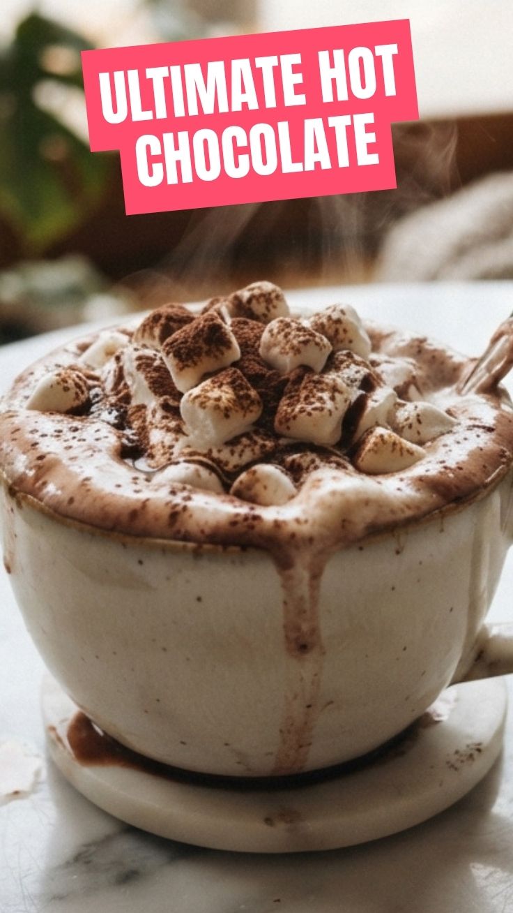 A steaming mug of hot chocolate, inviting and warm.