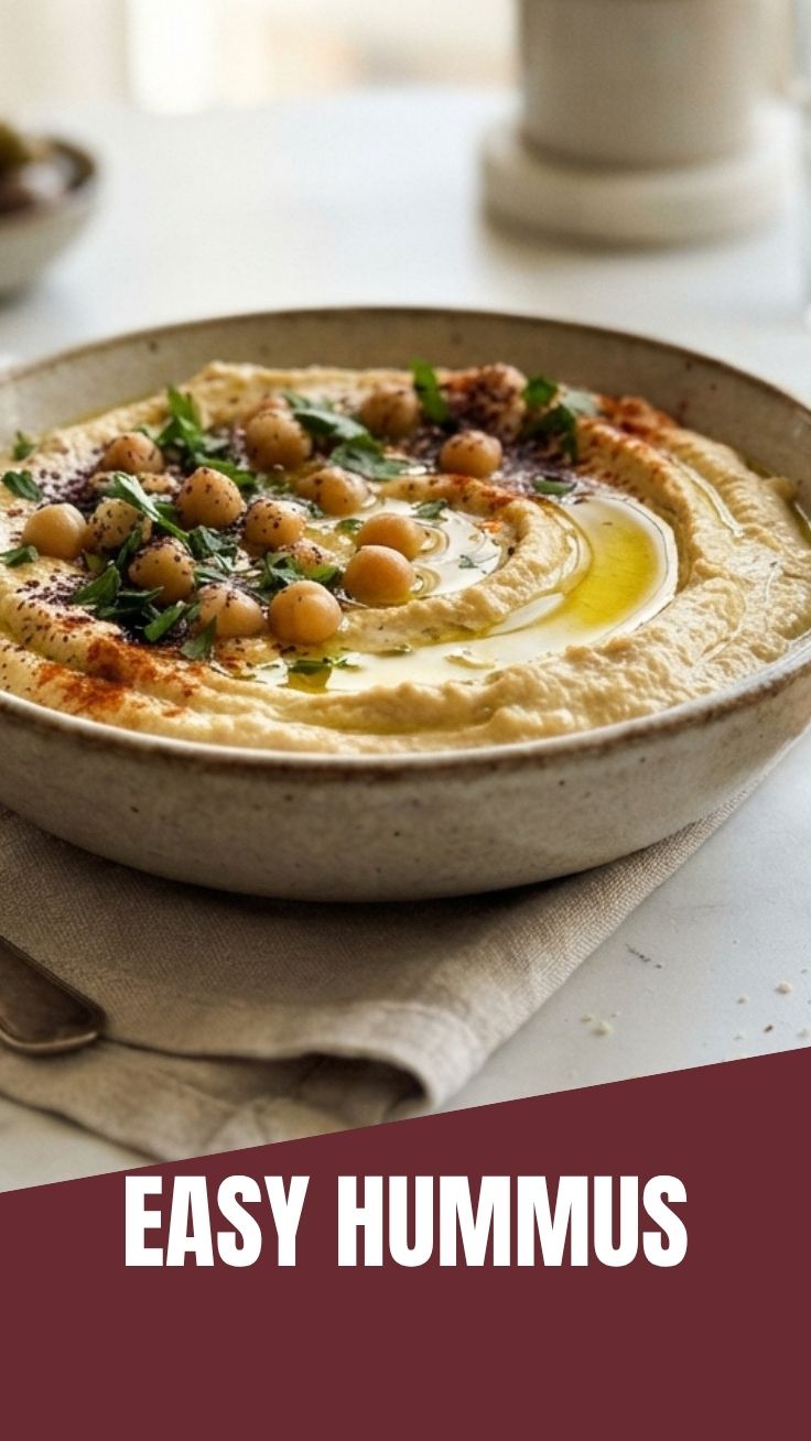 A smooth, creamy hummus dip, ready to be served.
