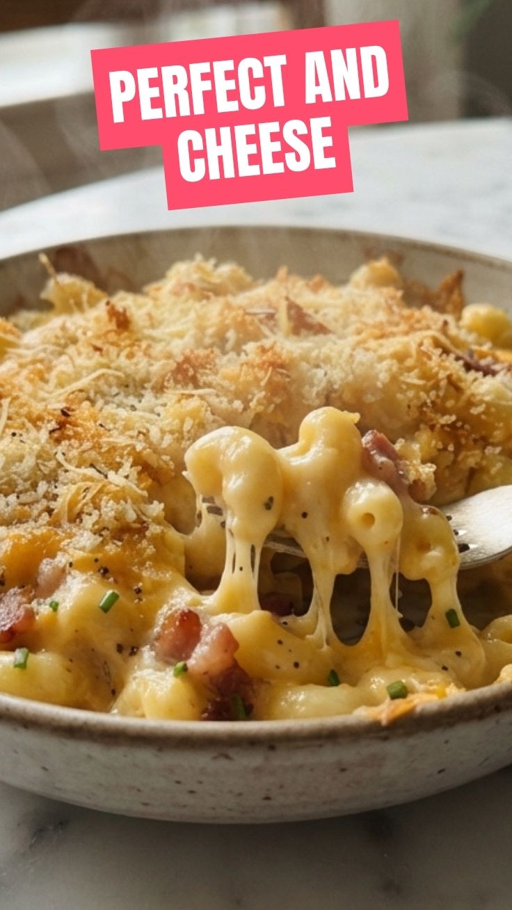 A hot, creamy bowl of mac and cheese with melted cheese on top