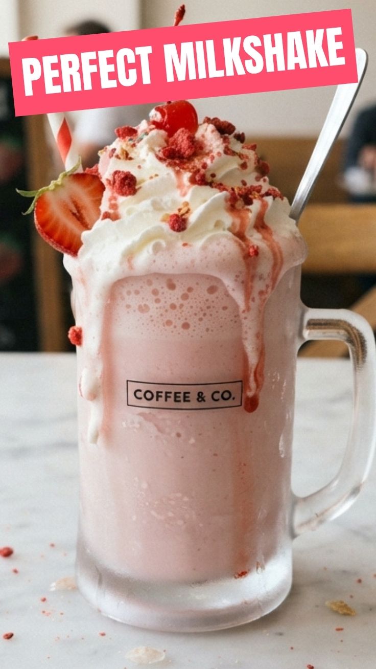 A creamy, refreshing milkshake topped with whipped cream and a cherry