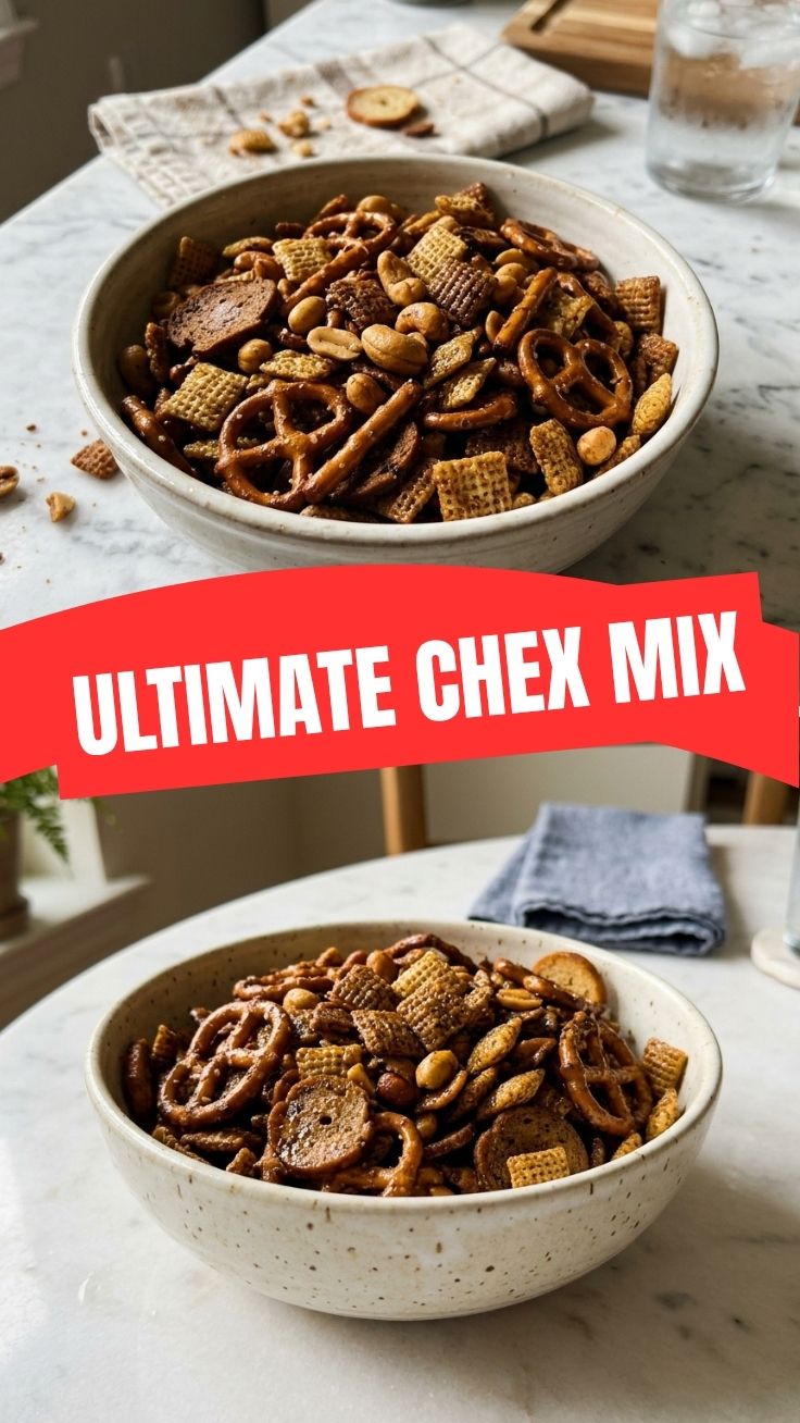 A bowl of homemade Chex Mix with various cereals and pretzels