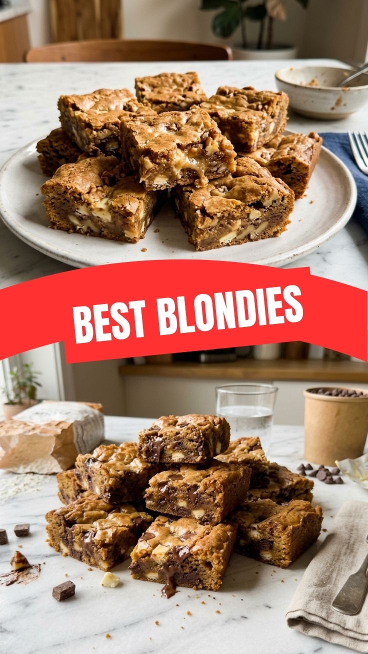 A close-up of a tray of freshly baked blondies with a soft, chewy texture.