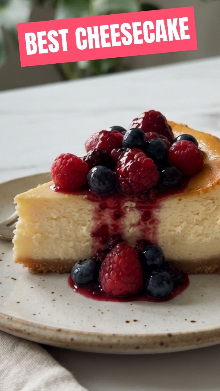 A perfectly baked cheesecake with a golden crust on a white plate.