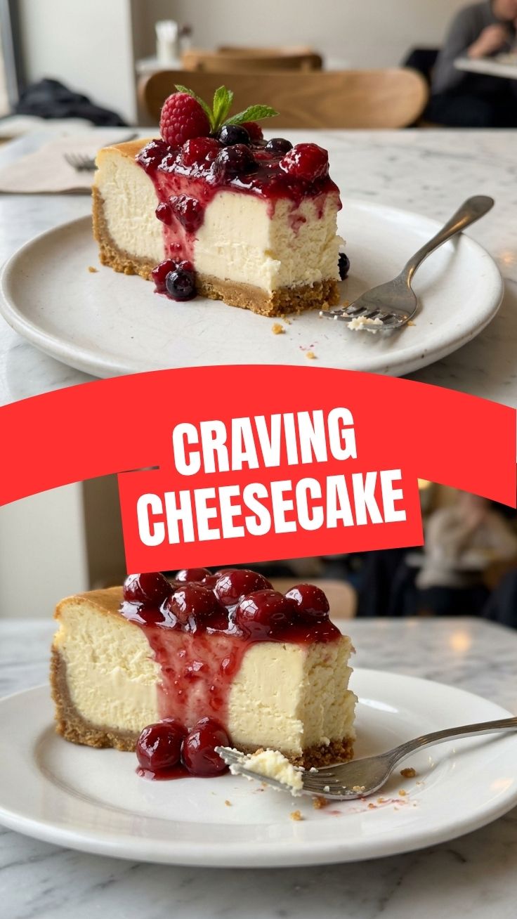 A slice of delicious cheesecake on a white plate, ready to be enjoyed.