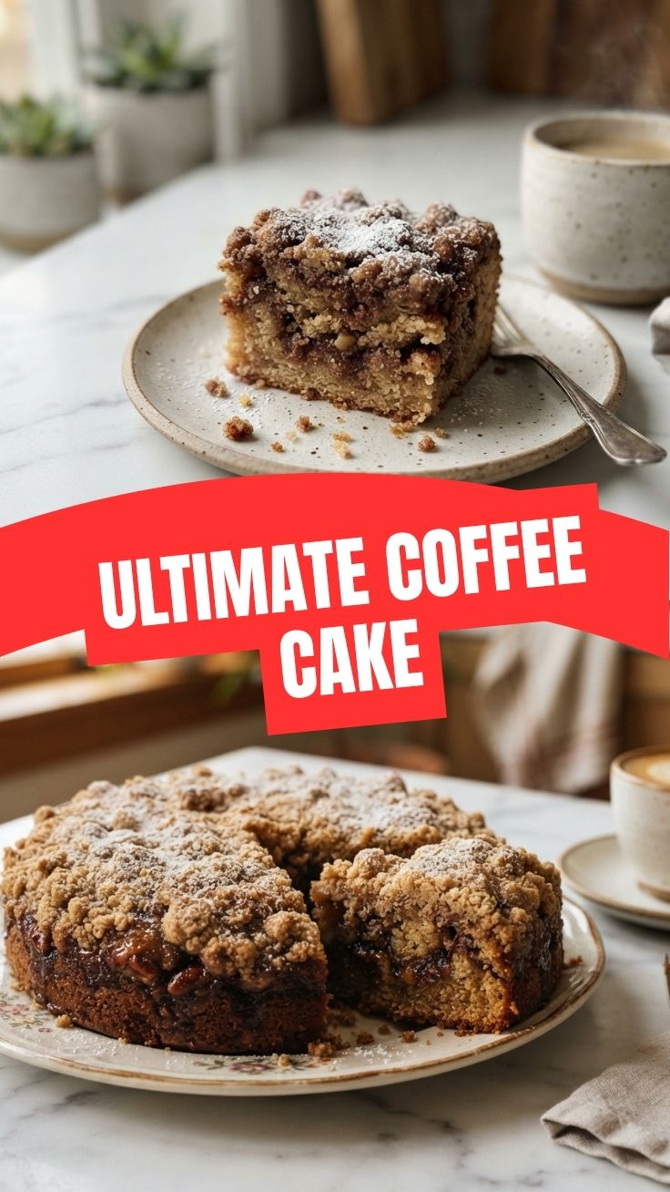 A freshly baked coffee cake with a crumble topping, served on a white plate.