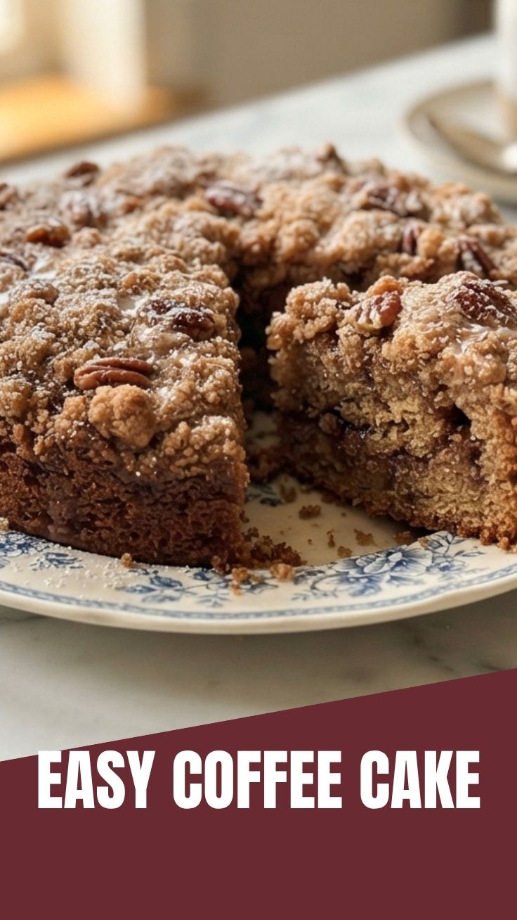 A freshly baked coffee cake with a crumble topping on a white plate.