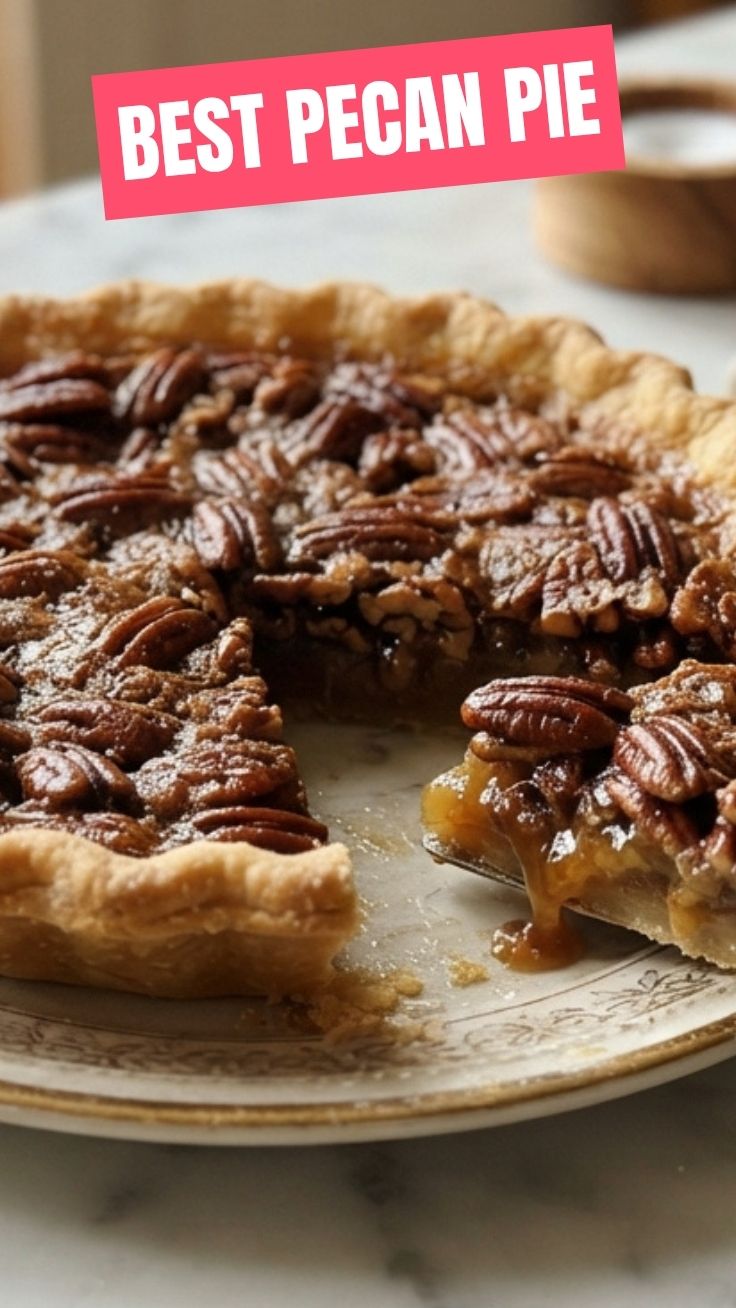 A freshly baked pecan pie with a golden-brown crust and glistening nutty filling.