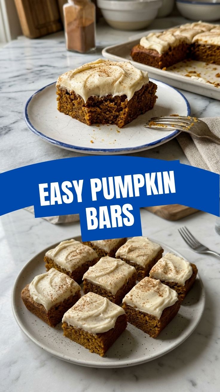 Plate of freshly baked pumpkin bars frosted with cream cheese icing