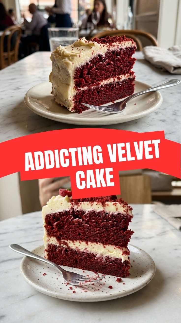 A stunning red velvet cake with cream cheese frosting, ready to be served.