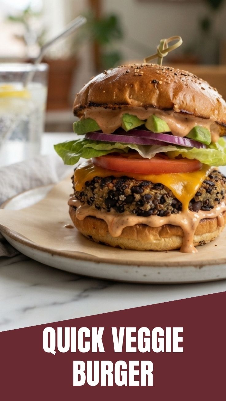 A freshly grilled veggie burger presented on a bun with fresh toppings.