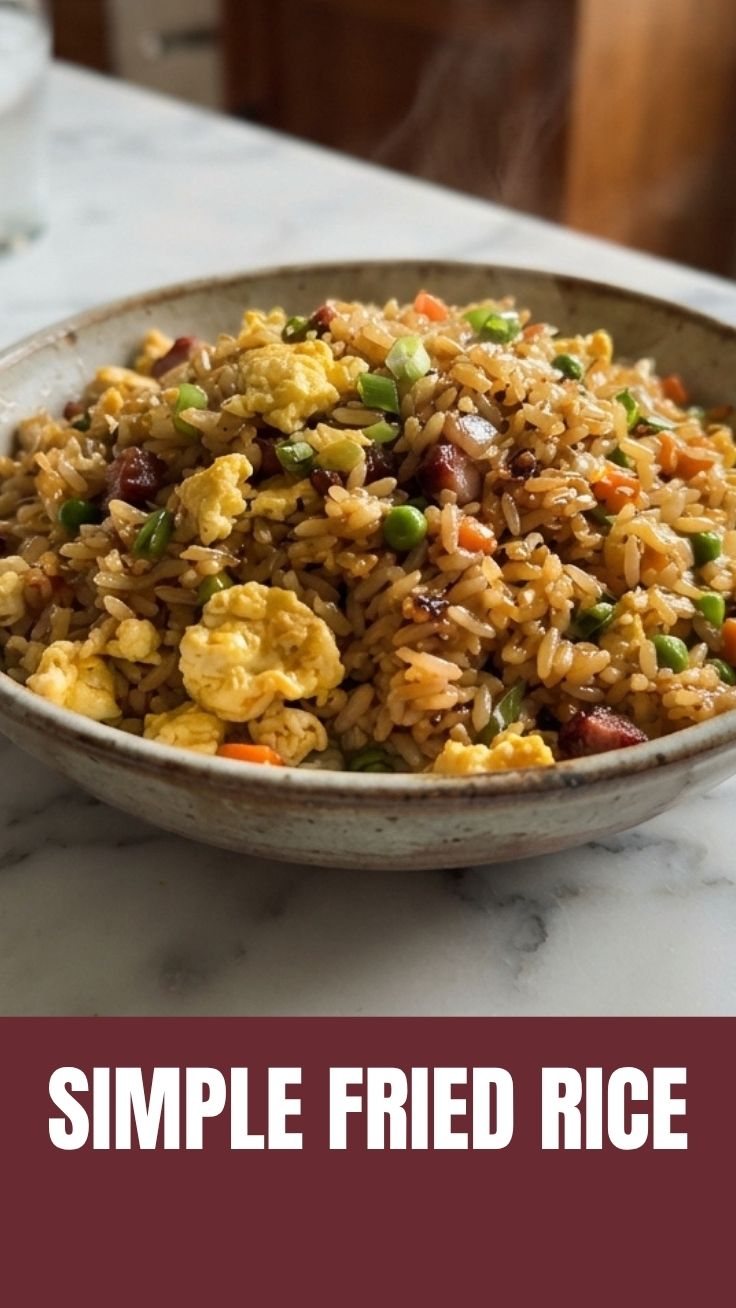 A steaming bowl of fresh egg fried rice with green onions